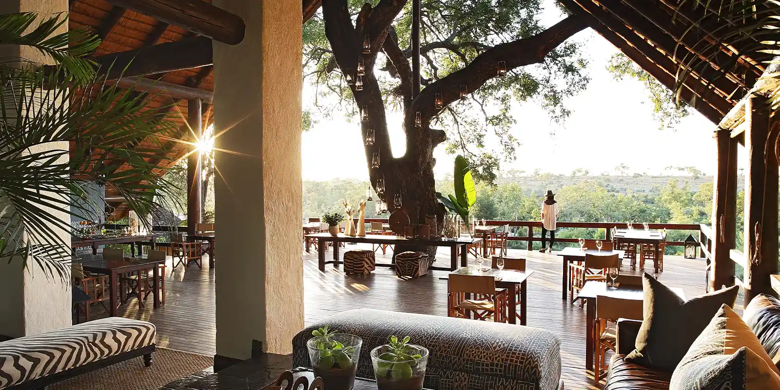 View of the communal decking area at Varty Camp, Londolozi Private Game Reserve.