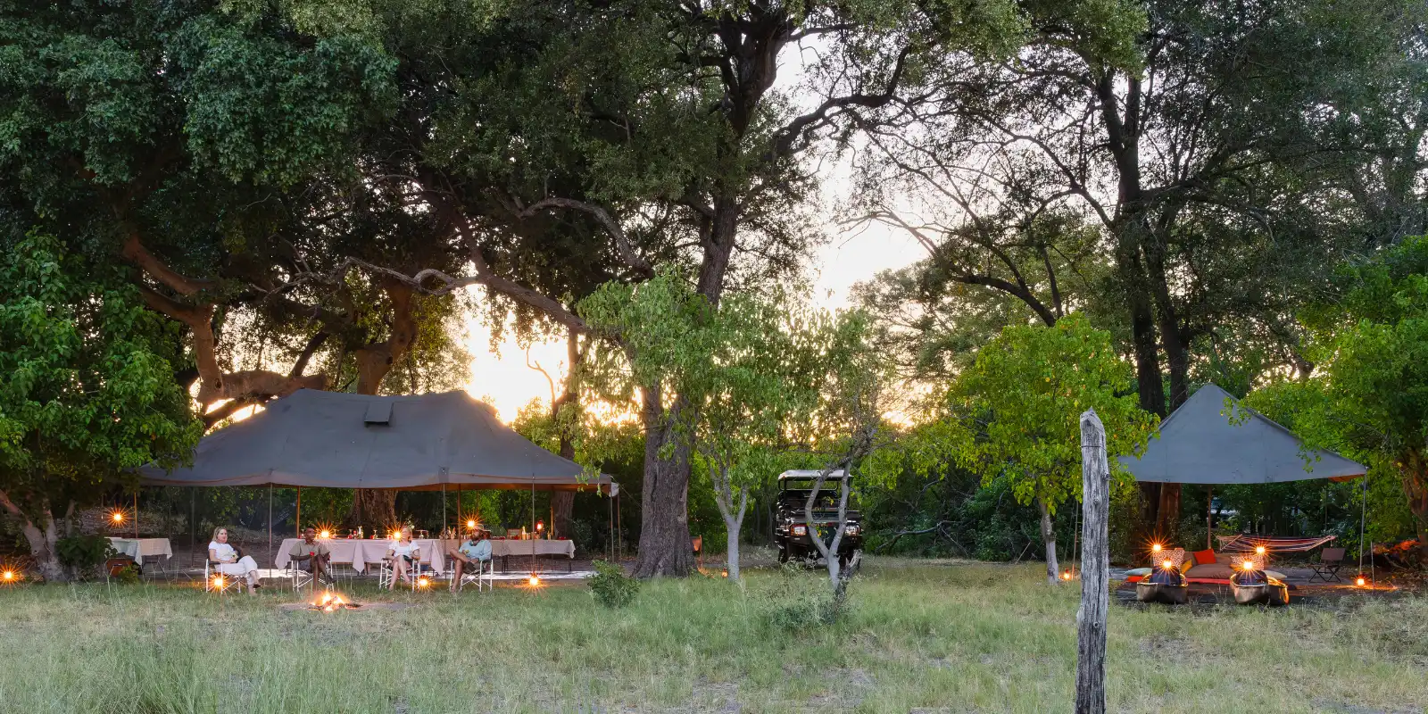 View of the dining area at Magwegwe Camp in the Okavango Delta, Botswana.