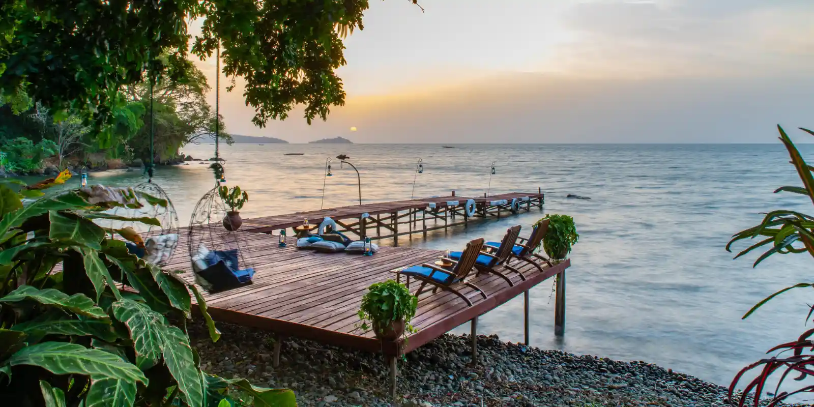 Mfangano Island Lodge deck at sunset, looking out on Lake Victoria, Kenya.
