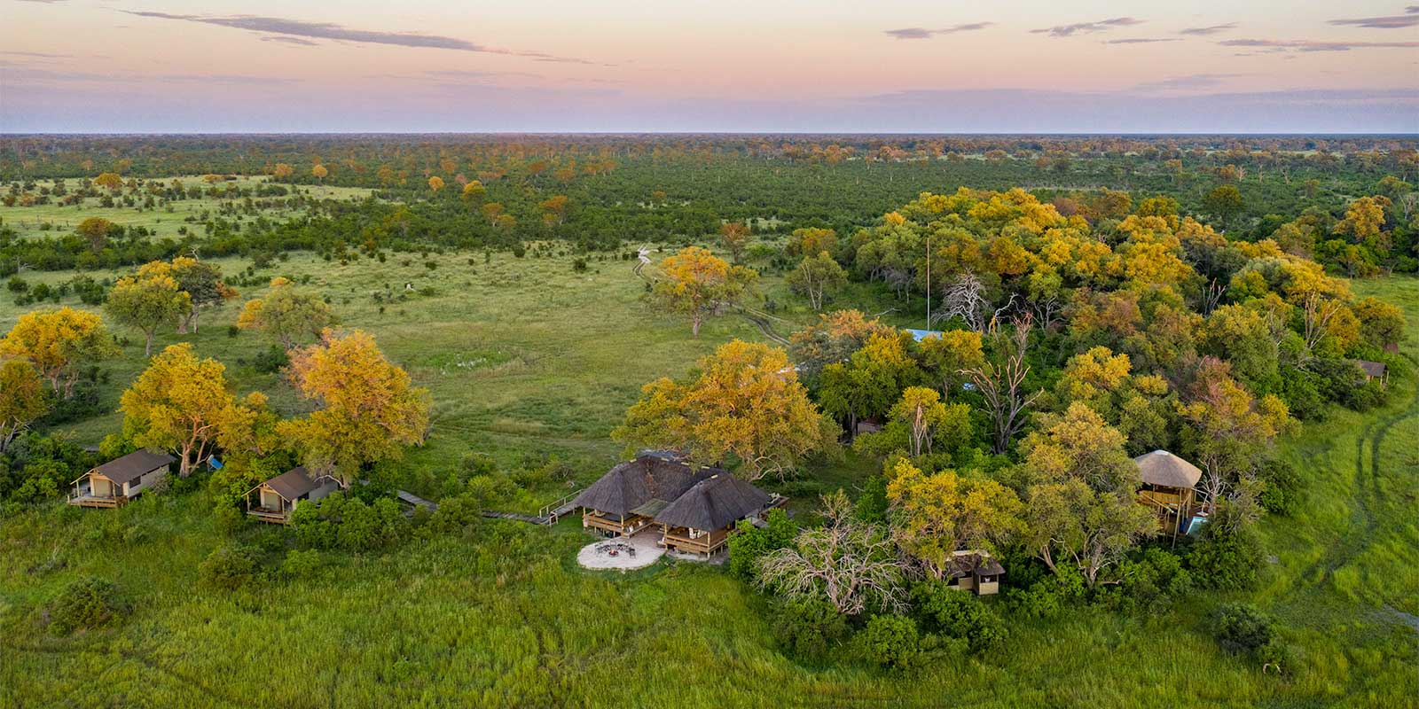 Aerial of The Jackal & Hide accommodation in Khwai Concession, Botswana