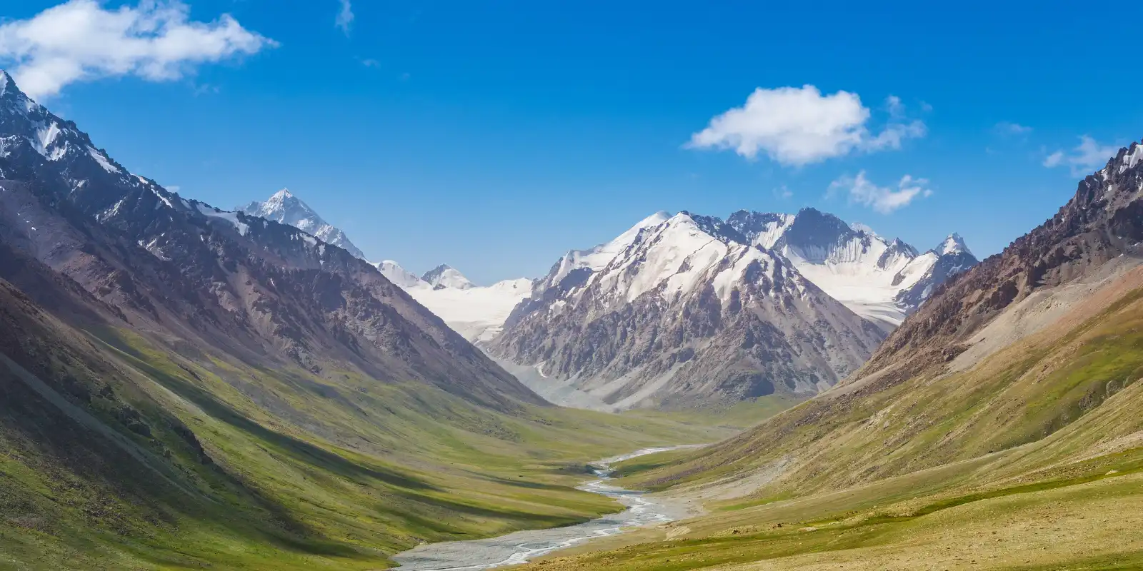 View of a river running through a valley with snow-capped mountains, the Gouli Valleys, China.