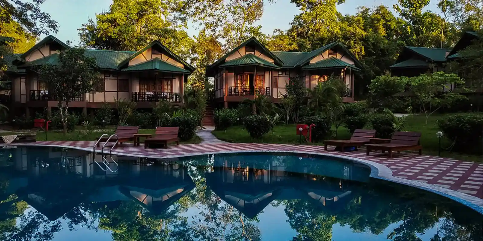 The pool area at Infinity Resort Kaziranga, India