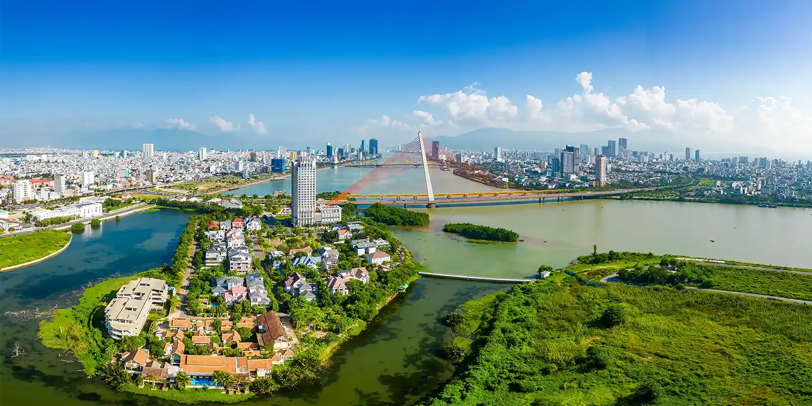 Aerial view overlooking Trần Thị Lý Bridge and Da Nang, Vietnam