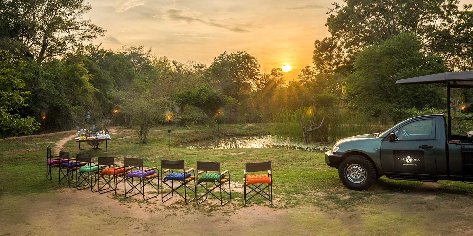 Sundowners at Mahoora Tented Safari Camp in Sri Lanka.