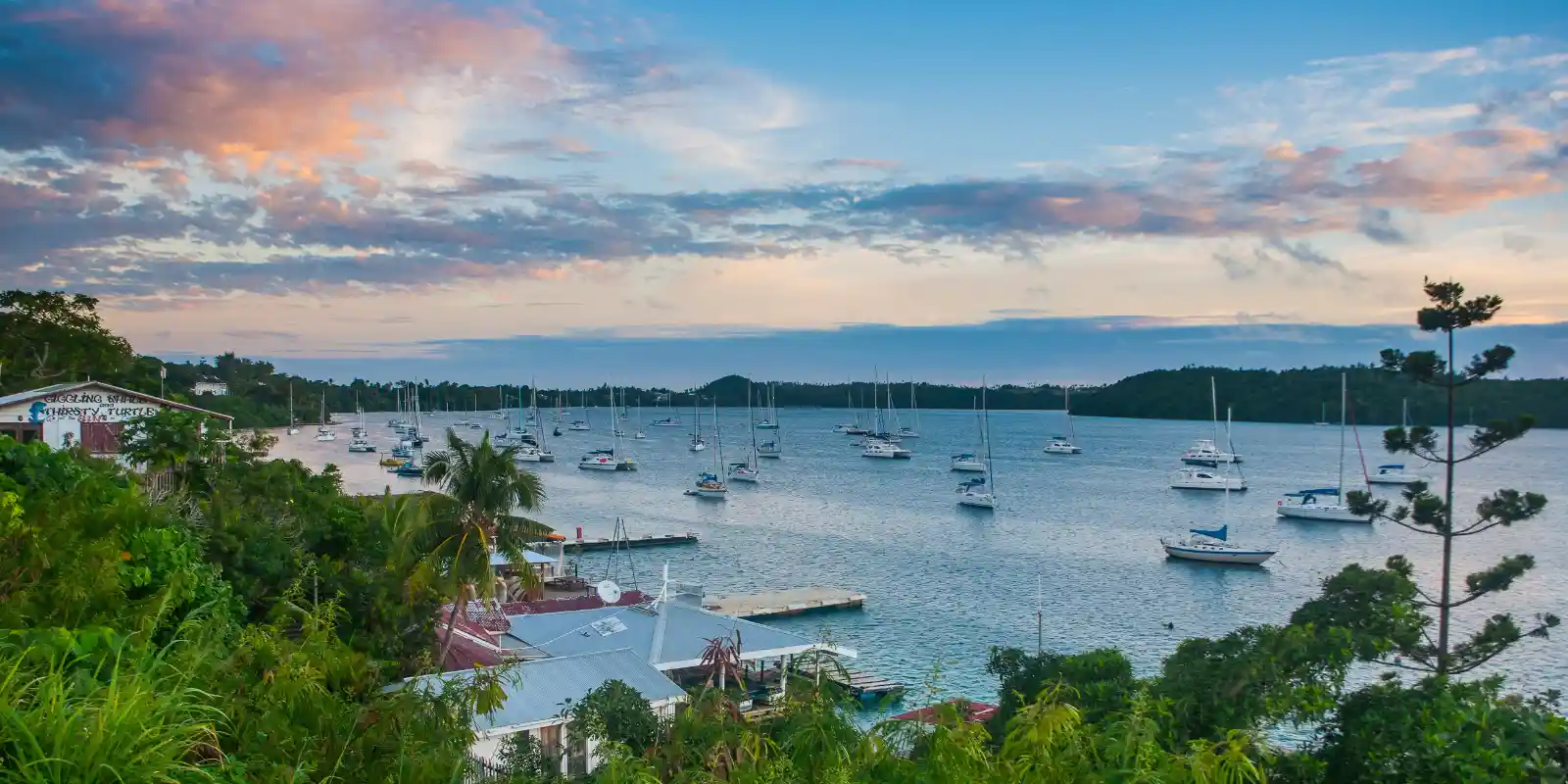 View of the bay of Neiafu after sunset, Vava'u islands, Tonga, South Pacific.
