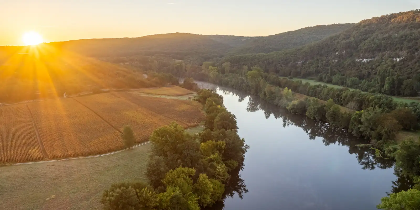 The river Lot snaking through the valley, France.