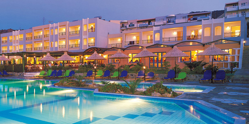 Mediterraneo Hotel at night in Crete, Greece