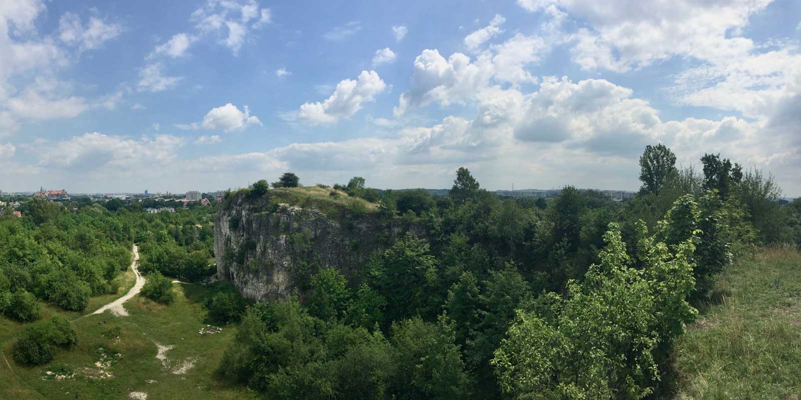 Limestone rocks of Małopolska Upland with Krakow in the background.