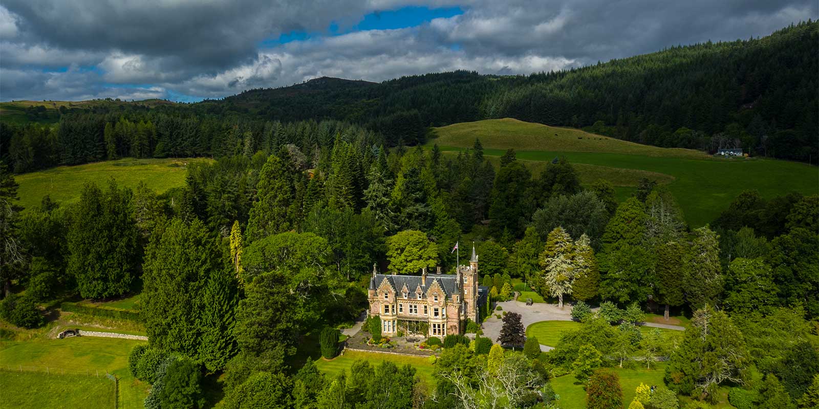 Aerial of Aigas House in Scotland.