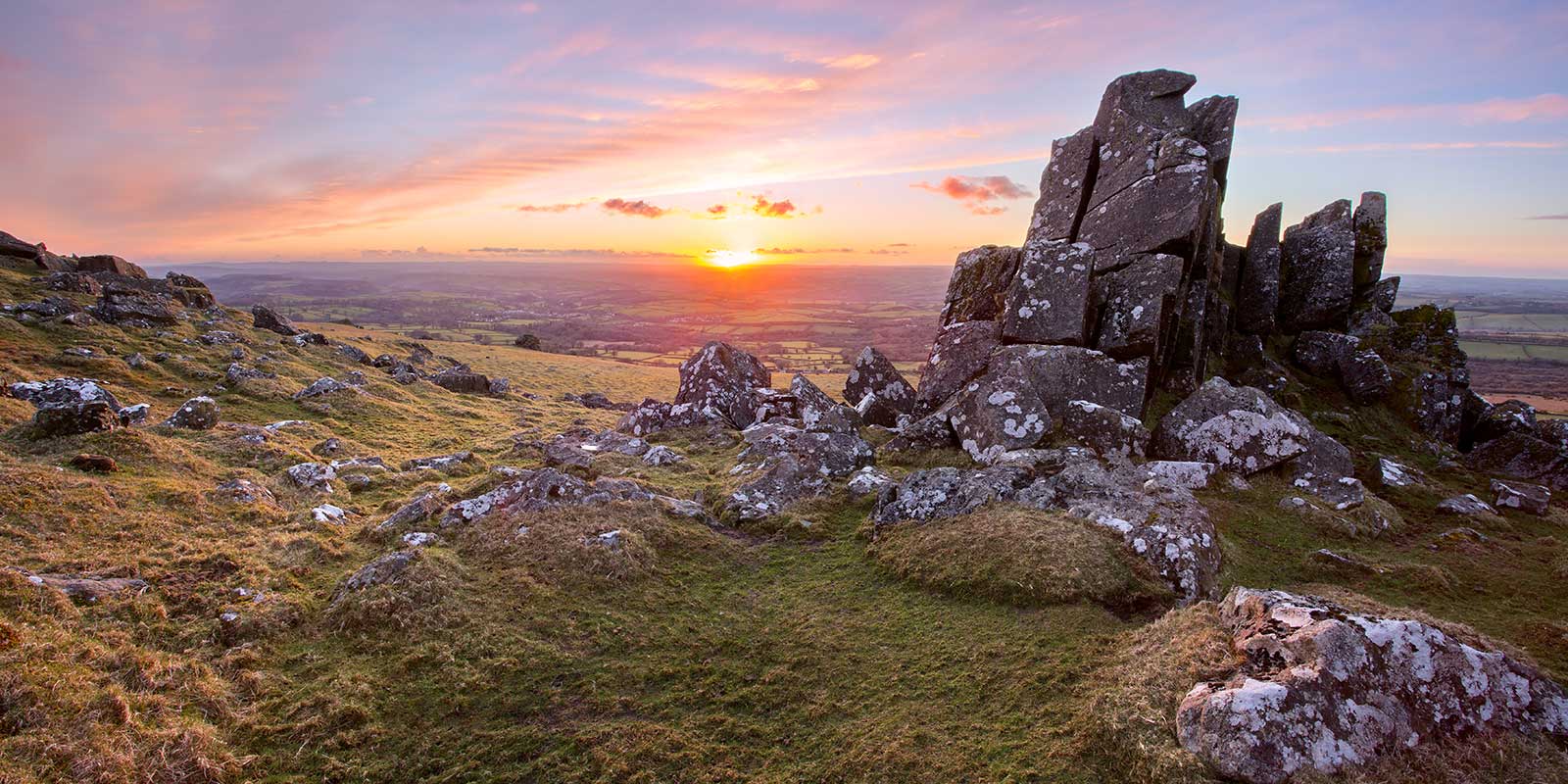 Sourton tor at sunset in Dartmoor National Park