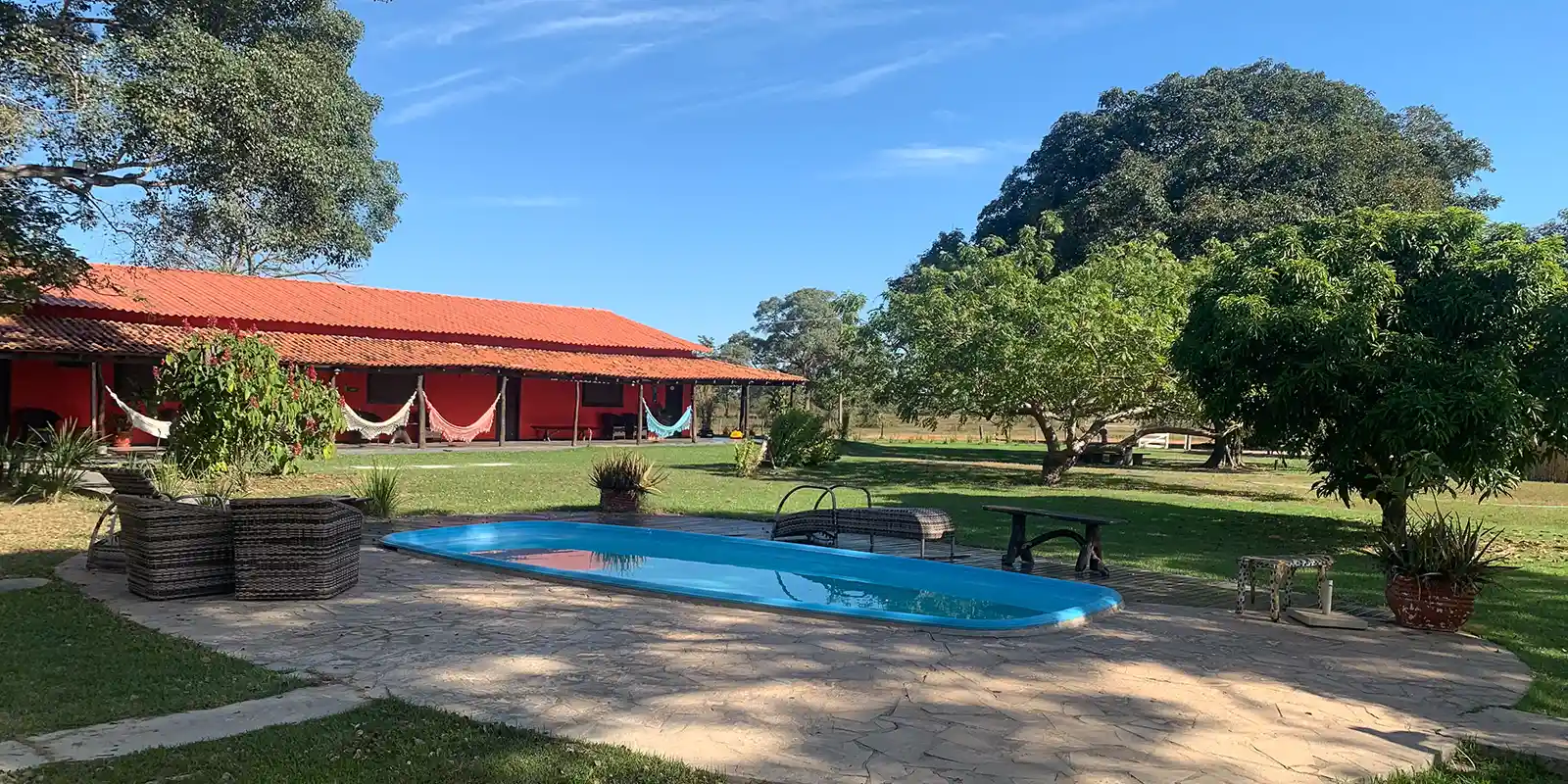 View of the swimming pool at SouthWild Pantanal Lodge, Brazil.