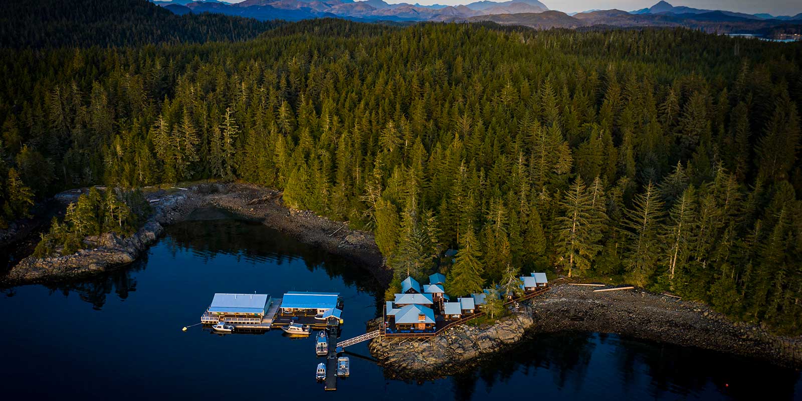 Aerial of Farewell Harbour Lodge in British Columbia.
