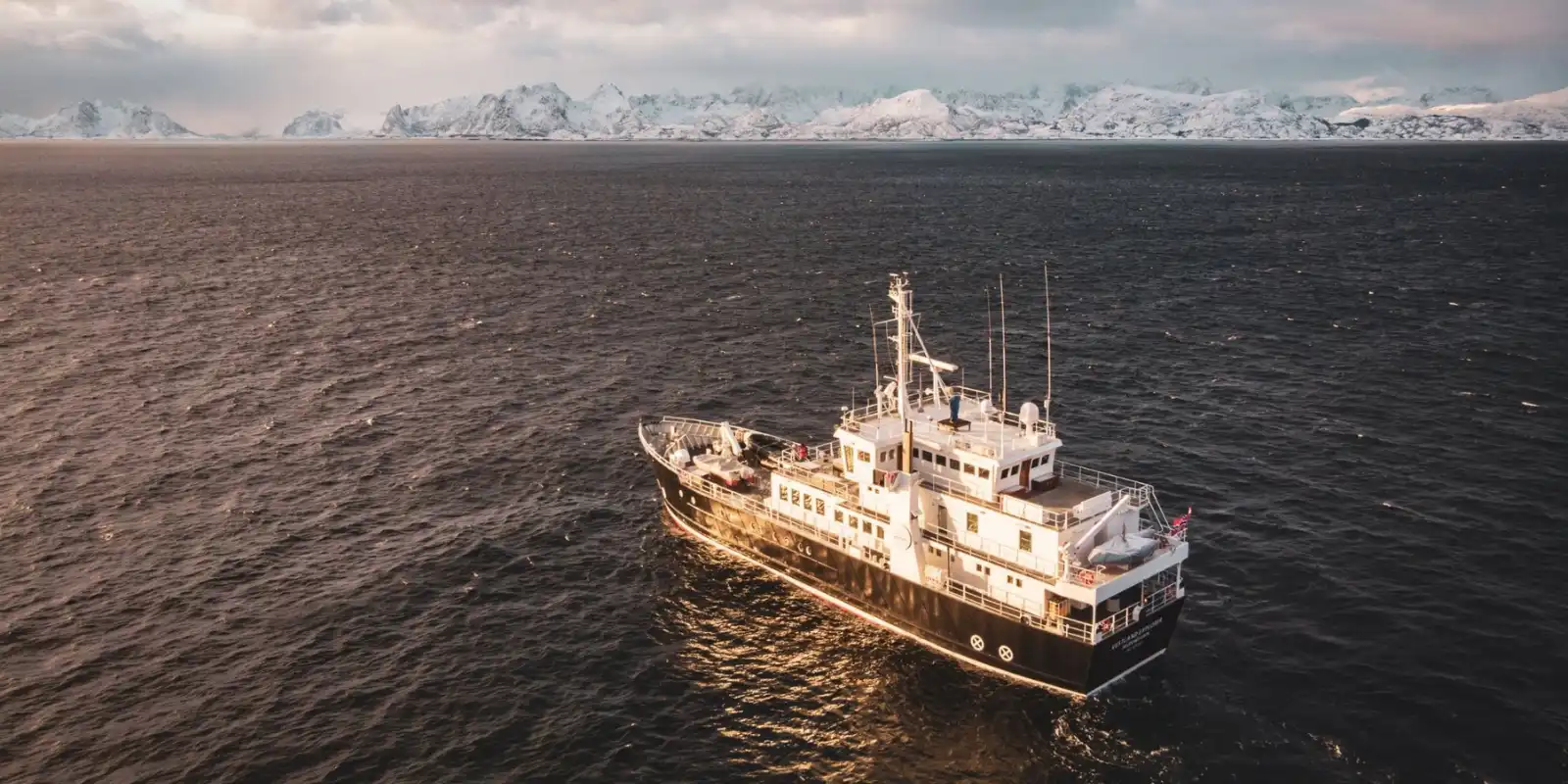 Aerial view of the vessel Explore, in the Arctic.