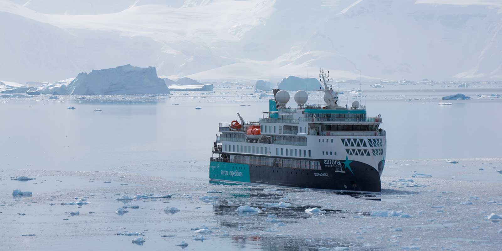 Sylvia Earle ship in Neko Harbour, Antarctica