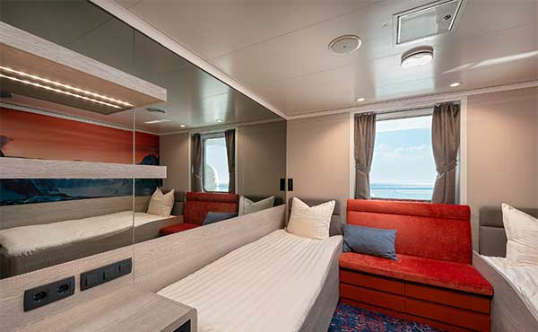 Twin cabin on board Hondius polar vessel.