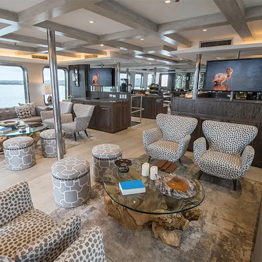 Lounge on board Origin, a cruise boat in the Galapagos Islands.