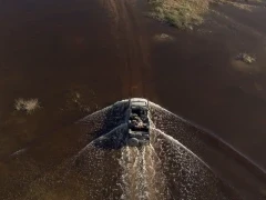 Aerial view of a safari vehicle on a drive in Botswana.