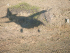 Shadow of a light aircraft over the Okavango Delta in Botswana.