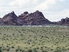 Landscape with a ger camp, in Mongolia.