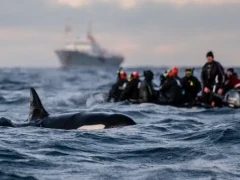 A Zodiac with snorkellers observing an orca in Norway