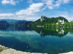 Panorama of Lake Bled in Slovenia.
