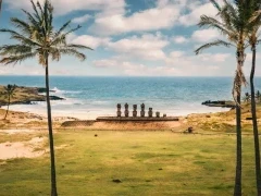 View of Anakena Beach & Ahu Nau Nau in Easter Island, Chile