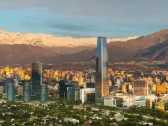 Santiago skyline in the Providencia District, with views of the Andes Mountain Range in Chile