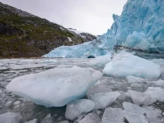 Blocks of ice by a glacier in Patagonia, Chile.