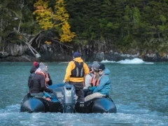 Clients on a Zodiac in Patagonia, Chile.