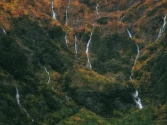 View of water flowing down a hillside in Patagonia, Chile. 