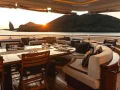 The outdoor dining on Aqua Mare, at sunset.