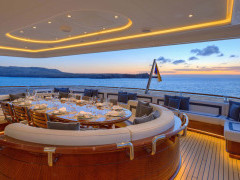 Outdoor dining on board Aqua Mare liveaboard in the Galapagos Islands.