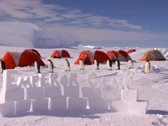 Handmade ice sign at the Gould Bay camp, Antarctica.