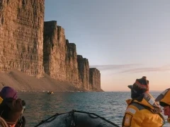 View of the cliffs of Prince Leopold Island from aboard a Zodiac, Arctic Canada.