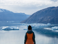 Tourist in Nordvest Fjord, Greenland.