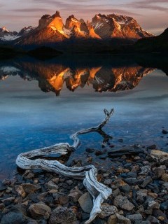 Reflection of the Towers and Central Massif on Lago Pehoe, Torres del Paine National Park in 
Chile.