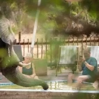 An elephant enjoying some water alongside guests at nThambo Tree Camp, South Africa.