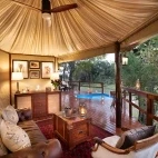 One of the exteriors of a guest suite at Hamiltons Tented Camp, with views of the park and a plunge pool.