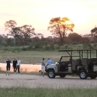 Guests enjoying the evening sunset on a game drive in Kruger National Park.