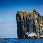 Zodiac near cliff in Antarctica.