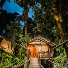 Exterior of a lodge at night, Daintree Wilderness Lodge, Australia.