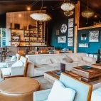 View of the lounge area at Hotel Lago Grey, Torres del Paine, Chile.