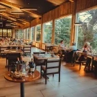 Restaurant area of Hotel Lago Grey, Torres del Paine, Chile.