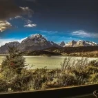 View of the mountains from a window at the Hotel Lago Grey, Chile.