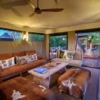 View of the indoor lounge seating area at Karangoma, Botswana.