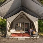 External front view of an accommodation tent at Kweene Trails, Botswana.