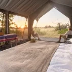 Internal view of a Kweene Trails accommodation tent, with double bed and incredible views.