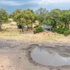 Aerial view of Kweene River Camp, by a local waterhole in the Okavango Delta.