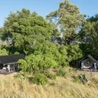 View of accommodation tents sheltered amongst trees, Kweene Trails, Botswana.