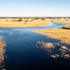 Aerial view with mokoros, in the Okavango Delta, Botswana.